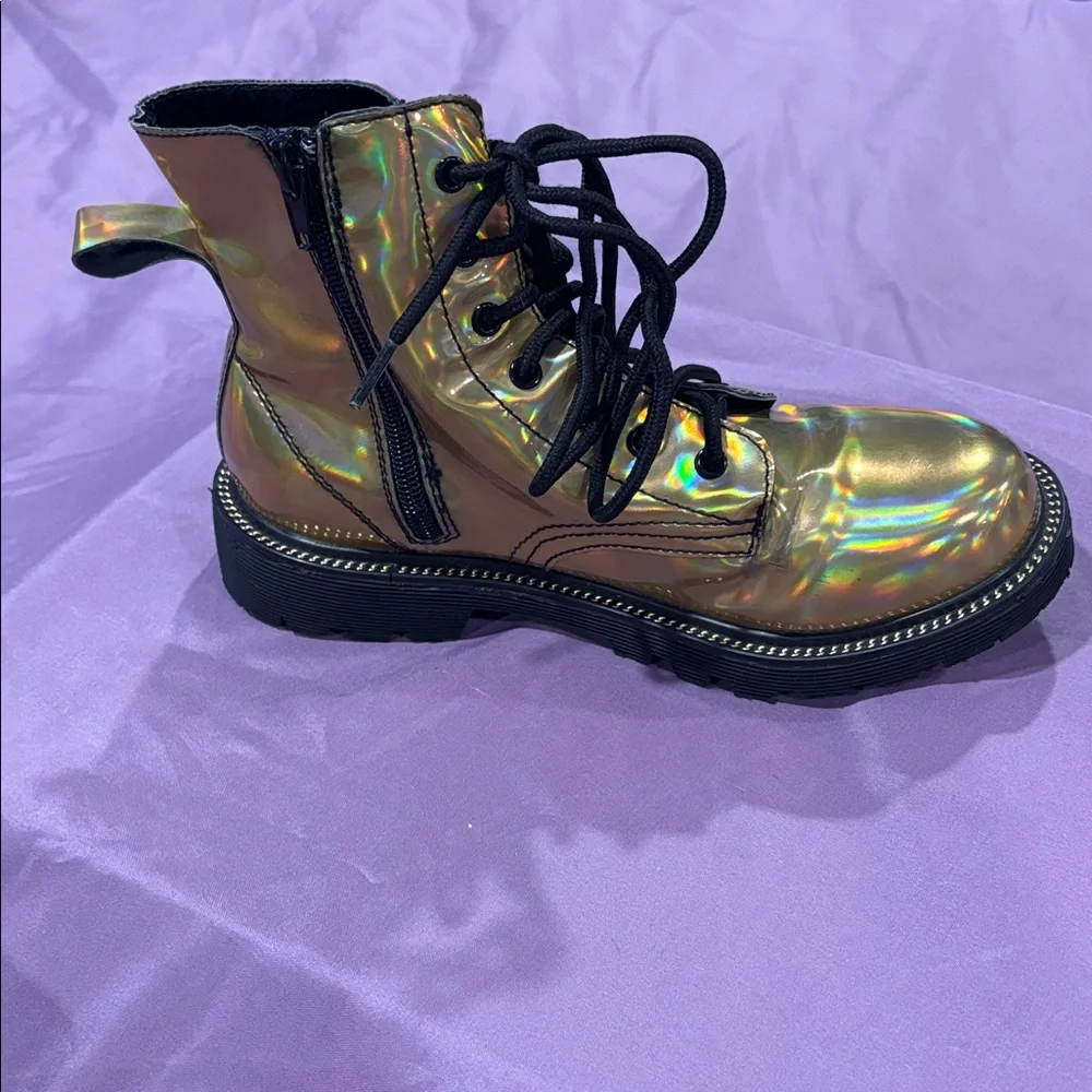 Womens Holographic Lace-Up Combat Boots - Gold Iridescent - Picture 5 of 11